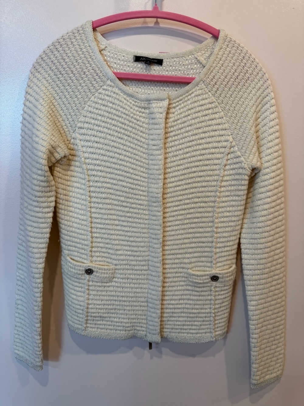 Anne Klein Cream Knit Parisian Crewneck Sweater with Metallic Thread